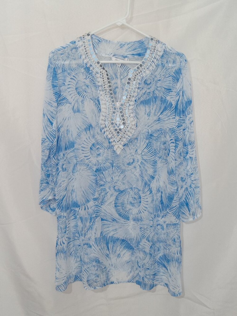 Chico’s Nautilus Swirl Georgette Tunic Top Blue Beaded Kurta 3/4 Sleeve Size L - Picture 3 of 13